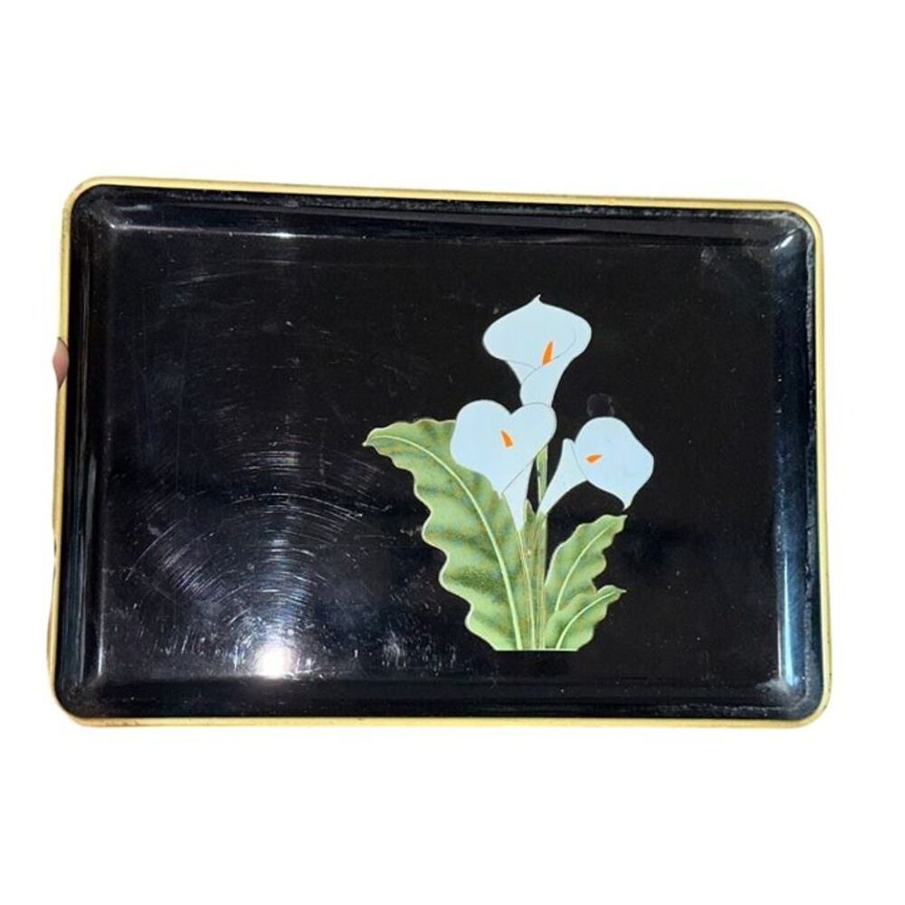 Vintage Black Lacquered Otagiri Calla Lilly Flower Miniature Tray